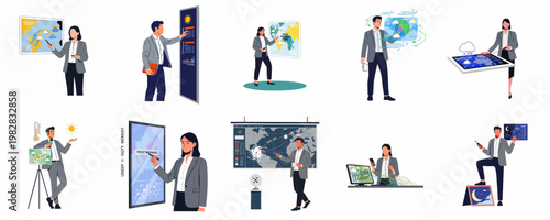 Set of diverse meteorologists presenting weather forecasts, analyzing climatic data, and monitoring environmental patterns using advanced digital maps and displays.
