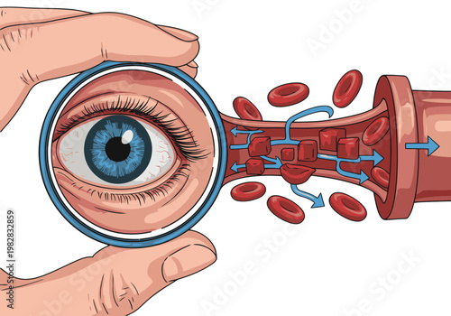 A striking illustration showcases eye detail alongside a magnified blood vessel, highlighting microscopic valve blood flow.  Visually engaging and informative.