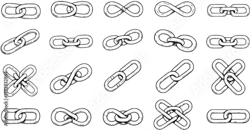 Hand-Drawn Black and White Line Art Chain Links Vector Set for Industrial and Conceptual Designs. Symbols of Connection, Strength, Security, and Unity.