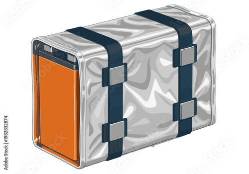 A stylized battery with thermal shield wrap, showcasing a modern, metallic design. Secure straps add a touch of industrial style. Ideal for tech, energy, or product visuals.