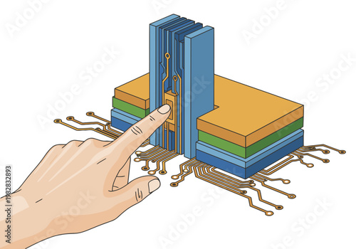 stylized illustration depicts a finger interacting with a detailed silicon interconnect chip Vibrant colors and layered textures showcase advanced technology