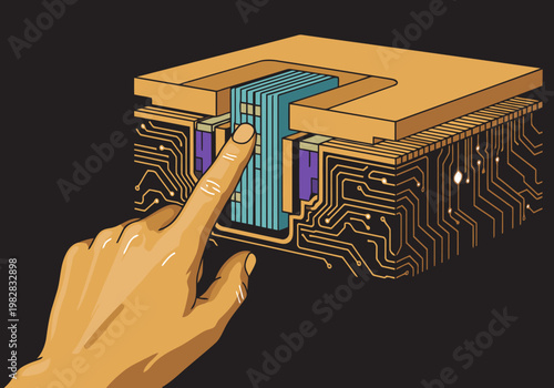 A stylized illustration showcases a microchip with a finger interaction, highlighting silicon interconnect details. Modern, technical, and visually engaging.