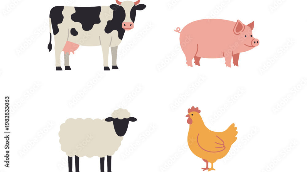 Fototapeta premium Farm animal icons including cow, pig, sheep, and chicken illustrations