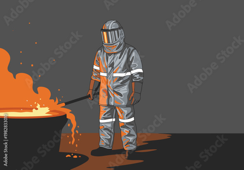 A worker in reflective gear operates a molten metal furnace. Dramatic lighting and a gritty texture create a powerful visual. Ideal for industrial or safety themes.