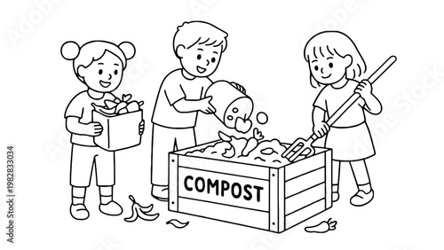 Compost illustration of children adding organic materials to wooden compost bin