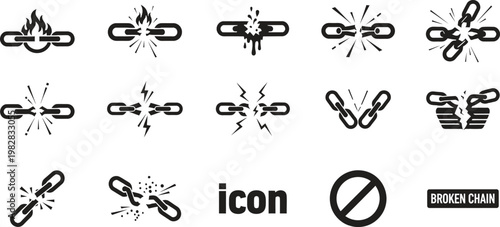 Black silhouette chain icons set breaking free connection security and restriction visual representation
