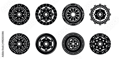 Automotive clutch disc icons set, 8 black vector car clutch plates, mechanical transmission spare parts for vehicle repair and maintenance