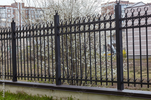Metal fence in the city park. Decorative black iron guardrail for protection, close up