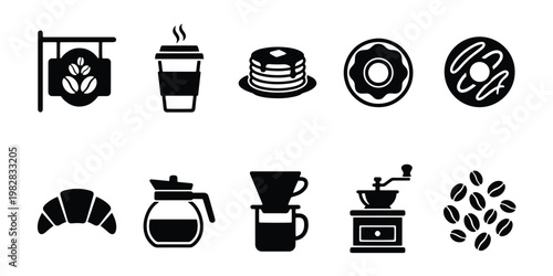 Minimalist coffee shop icons set, black flat vector cafe symbols, collection of 10 breakfast and espresso elements for bakery branding and menus