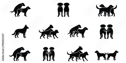 Black dog mating silhouettes, set of 11 canine breeding icons, domestic animal reproduction and mating behavior vector graphics on white background