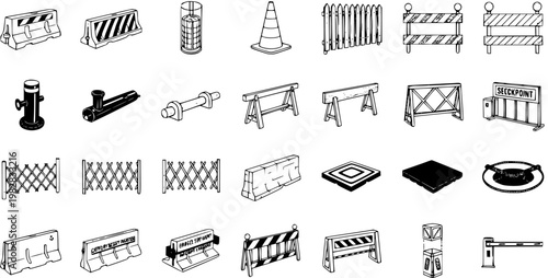 Construction, Road Safety  Security Barriers Line Art Icon Set. Traffic Control Equipment, Checkpoint Gates, Cones, Bollards,  Road Blocks Sketch Collection