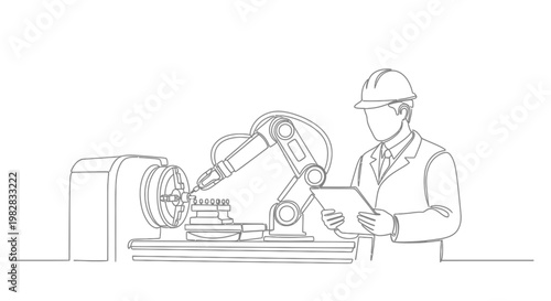 A man in a hard hat operates robotic arm.