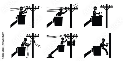 Electrician lineman stick figure icon set, utility worker repairing power lines on bucket truck, electrical maintenance technician vector collection