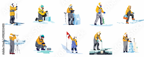 Vector illustrations of polar researchers and scientists in winter gear performing various scientific experiments and measurements in an Arctic or Antarctic environment.