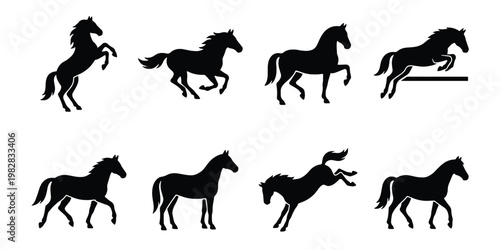 Black horse silhouette collection, set of 8 stallion vector icons, jumping and galloping equine poses, wild mustang animal graphics for logo design
