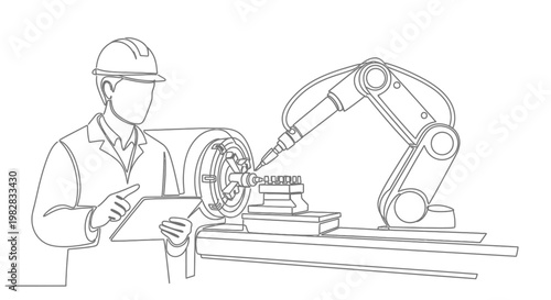A worker operates industrial robotic arm.
