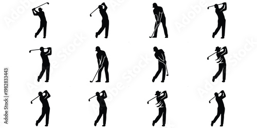 Golf player silhouettes set, professional golfer swing sequence icons, black male athlete figures in various poses, 12 sports vector elements