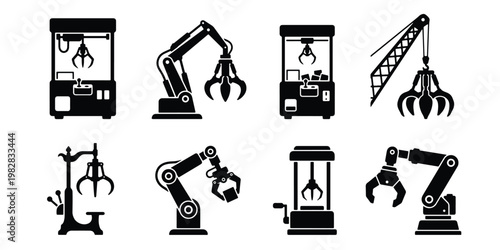 Industrial robotic claw icons, set of 8 mechanical arm vectors, arcade crane machine silhouettes, factory automation and lifting equipment graphics