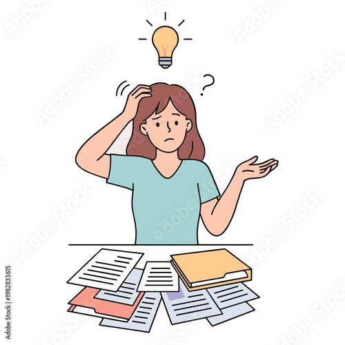 Woman sitting at a desk struggling with paperwork and having an idea