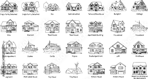 Illustration of Various Housing Types: Single-Family Homes, Townhouses, Apartments, Boats, and Tiny Houses