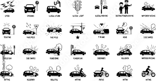 Black and White Icon Set Illustrating Various Traffic Violations, Car Accidents, and Driving Safety Risks