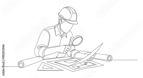 A construction worker examining blueprints closely.