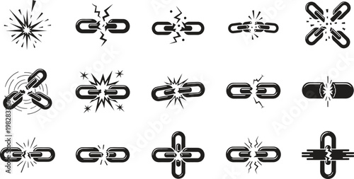 Abstract black and white silhouette chain links a collection of interlocking forms and geometric designs