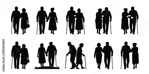 Elderly couple silhouettes walking with canes, senior people silhouettes set of 10 vector elements, retired man and woman walking together