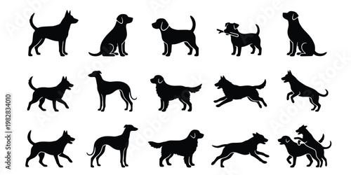 Dog silhouette collection with 15 vector icons, black canine breed shapes in various poses, domestic pet animal silhouettes for graphic design