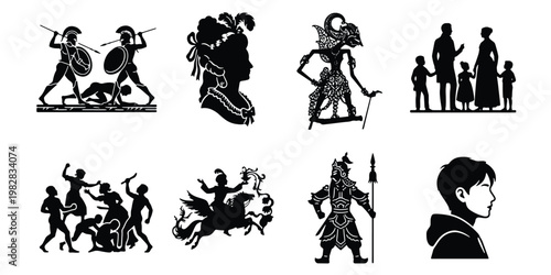 Vintage historical silhouette collection, 8 black vector icons of ancient warriors and cultural figures, traditional shadow puppets and classical portraits