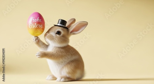 A cute Easter bunny wearing a top hat holds a colorful egg with a festive message on a pale yellow background.