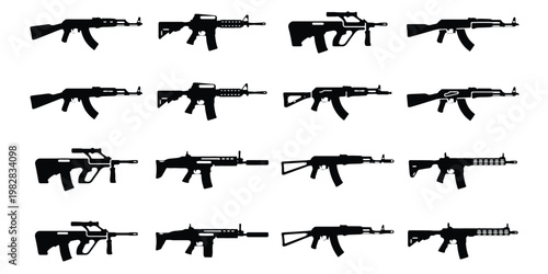 Military assault rifle silhouettes, collection of 16 automatic weapon icons, black firearm vector set for tactical and combat gaming graphics