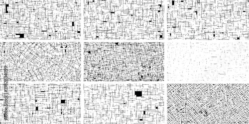 Collection of nine unique black and white grunge vector texture set backgrounds with geometric patterns and shapes