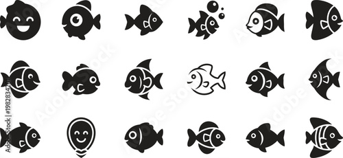 Playful fish silhouettes a collection of black aquatic icons with expressive faces and designs