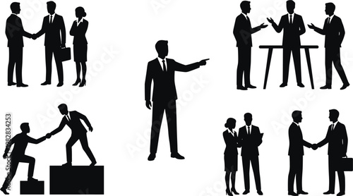 Professional business silhouettes set featuring corporate teamwork, successful partnership handshake, leadership guidance, office meeting collaboration, and professional career growth concepts.