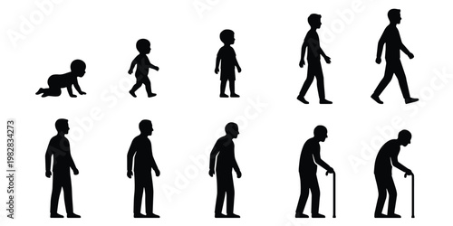 Human life cycle silhouettes showing aging process from baby to elderly man, male growth stages vector set, evolution of man from childhood to old age
