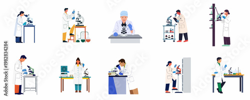 Set of diverse scientists and laboratory workers conducting research using microscopes, flasks, and professional equipment in a clinical lab setting.