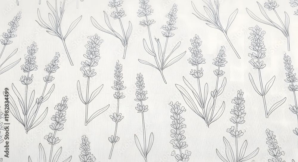 Fototapeta premium Elegant hand-drawn lavender flowers pattern in a minimalist pencil sketch style on a white background.