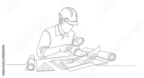 A construction worker examining blueprints closely.