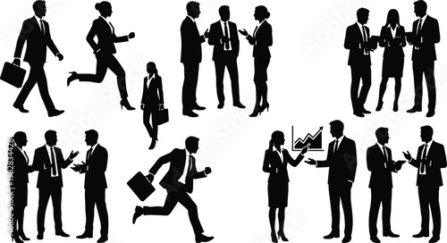 Professional business people silhouettes collection featuring men and women in suits walking running talking and presenting data on white background isolated