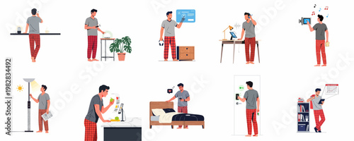 Man in pajamas interacting with various smart home technology devices throughout his daily routine, illustrating a modern, automated lifestyle at home.