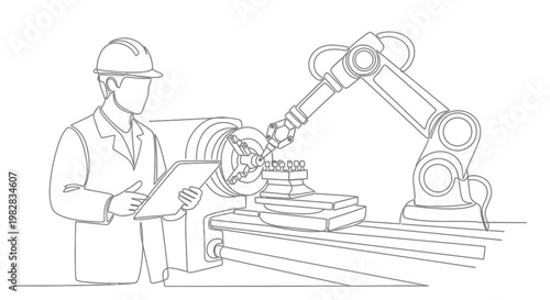 man in hard hat working with robotic arm.