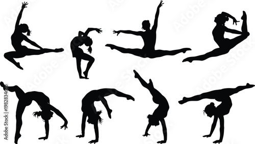 Dynamic gymnastics silhouette collection acrobatic poses and human movement
