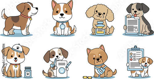 Set of Cute Veterinary Dog Characters with Medical Clipboards and Medicine Bottles for Pet Healthcare, Animal Clinic Services, and Pharmacy Branding Vector Illustrations