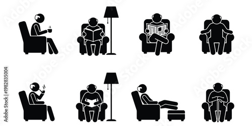 Stick figure man sitting in armchair icon set, elderly person relaxing in lounge chair vector, senior man reading and resting in living room