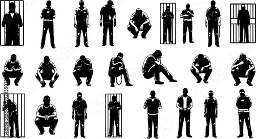 Silhouette Icons of Prisoners in Various Poses and Cages, Black and White Vector Art