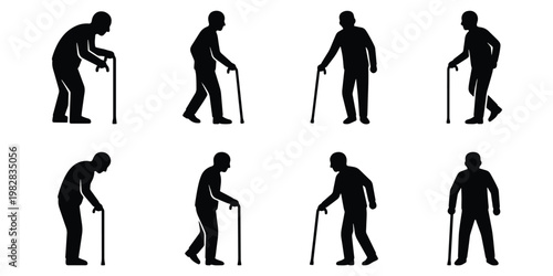 Elderly man silhouette set with walking stick, 8 vector icons of senior male characters with canes, geriatric mobility and aging concept illustrations
