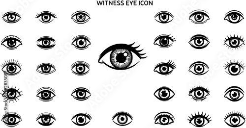 Black and White Line Art Witness Eye Icon Set. Diverse Vector Glyphs for Vision, Security, Observation, Surveillance, and Human Sight Concepts.