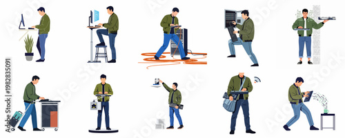A collection of illustrations depicting an IT professional, system administrator, or programmer performing various technology-related tasks and troubleshooting in different scenarios.