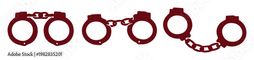 Red Handcuffs Vector Set. Police Handcuffs, Law Enforcement, and Justice Symbolism. Crime and Punishment Graphic Element for Legal and Security Concepts.